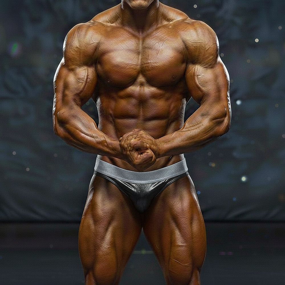 Shiny silver metallic briefs with a sleek form-fitting design from MetroMaleWear MetroMuscleWear DIY Competition Suit