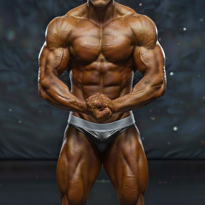 Shiny silver metallic briefs with a sleek form-fitting design from MetroMaleWear MetroMuscleWear DIY Competition Suit