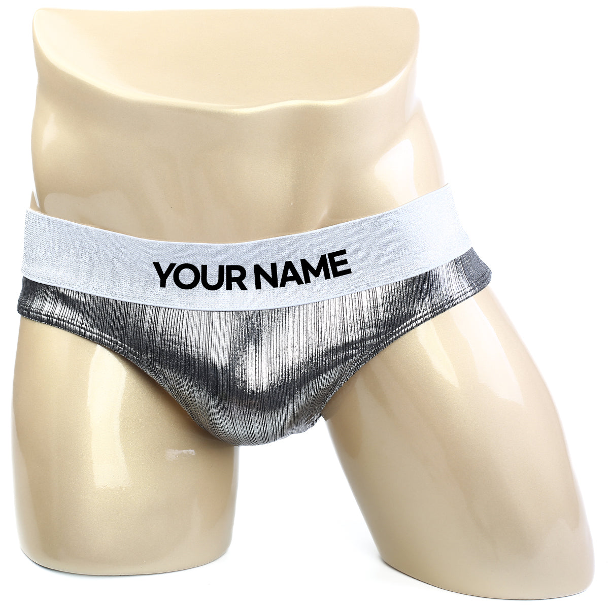 Silver metallic textured briefs with white elastic waistband featuring your name from metromalewear diy competition suit