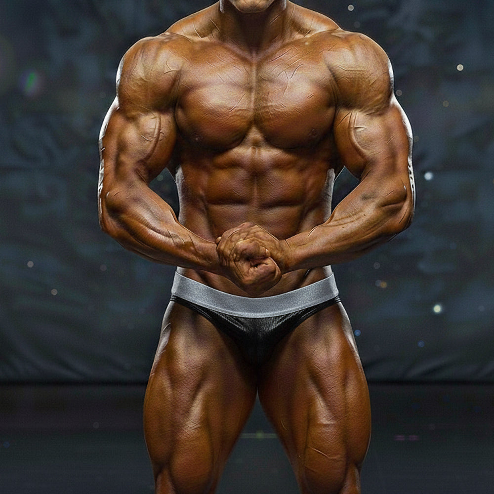 A muscular male bodybuilder wearing black and silver MetroMaleWear MetroMuscleWear DIY competition briefs
