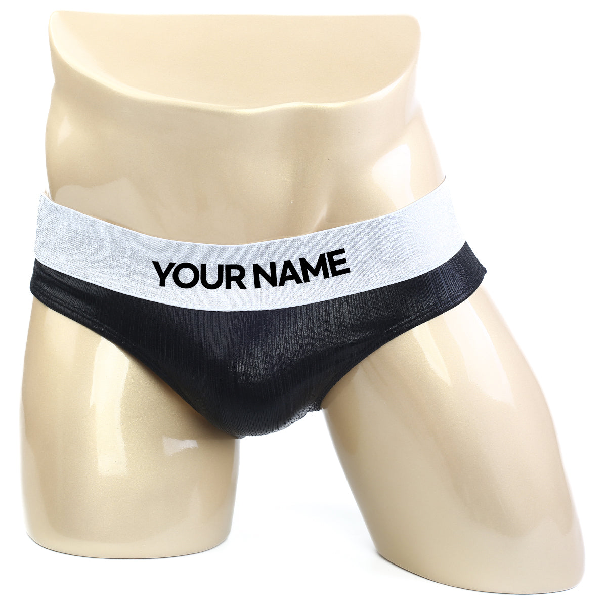 Black mesh briefs with white elastic waistband featuring bold your name text from metromalewear diy competition suit