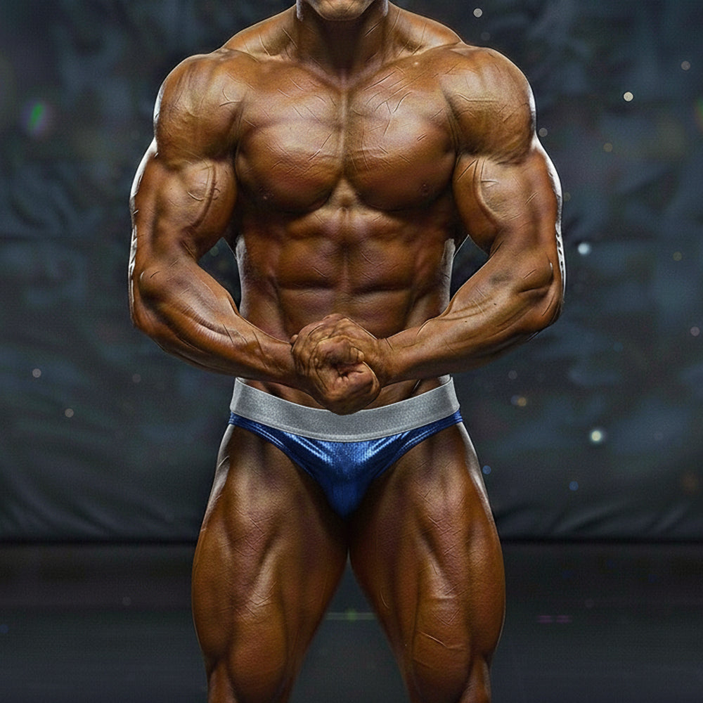 Shiny blue and silver metallic athletic briefs with sleek form fitting design for metro male wear competition use