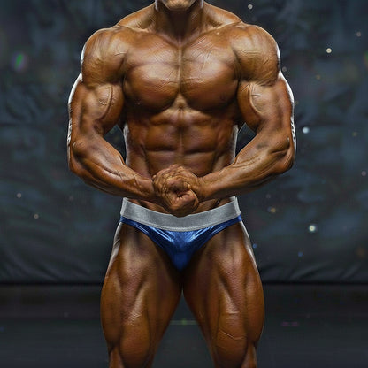 Shiny blue and silver metallic athletic briefs with sleek form fitting design for metro male wear competition use