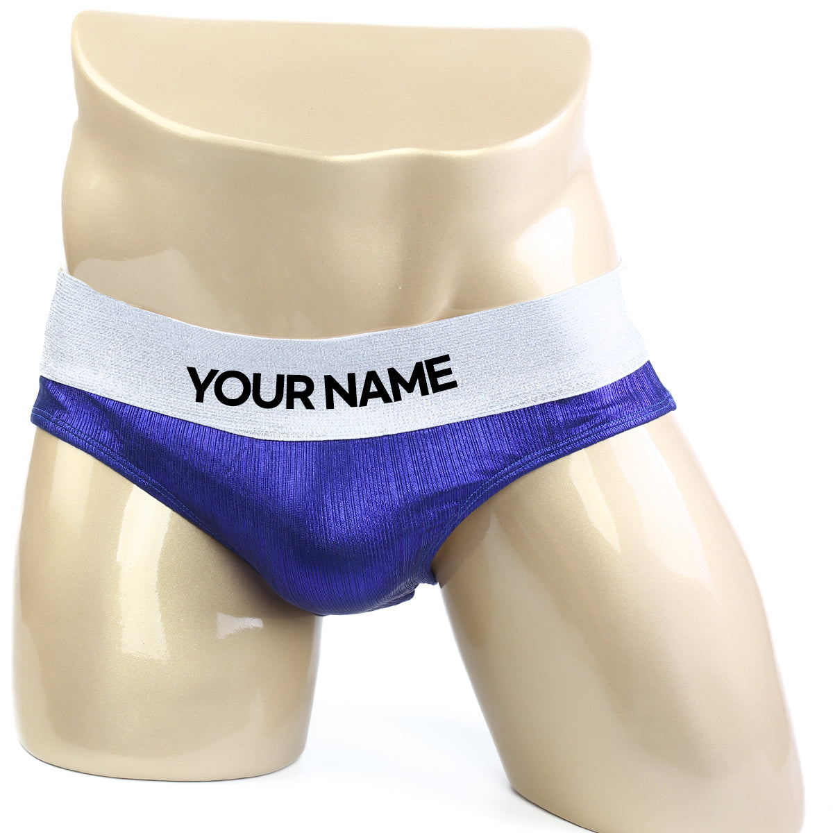 Purple textured briefs with white waistband featuring your name text by metromalewear metromusclewear diy competition suit royal