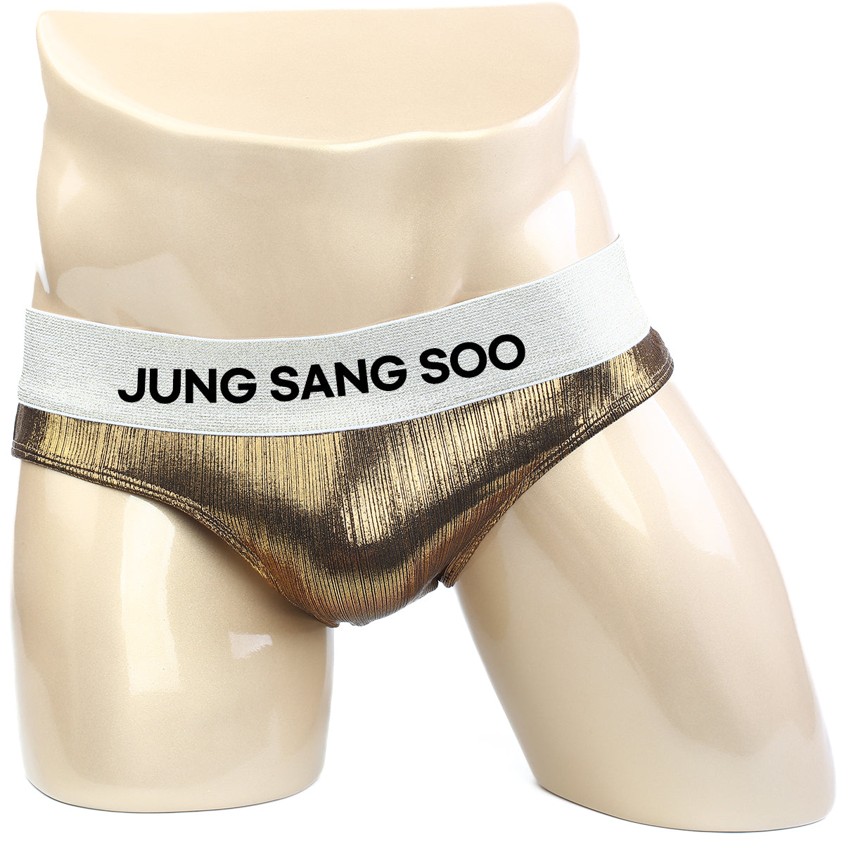 Gold metallic textured briefs with white elastic waistband branded jung sang soo for metro muscle wear competition use