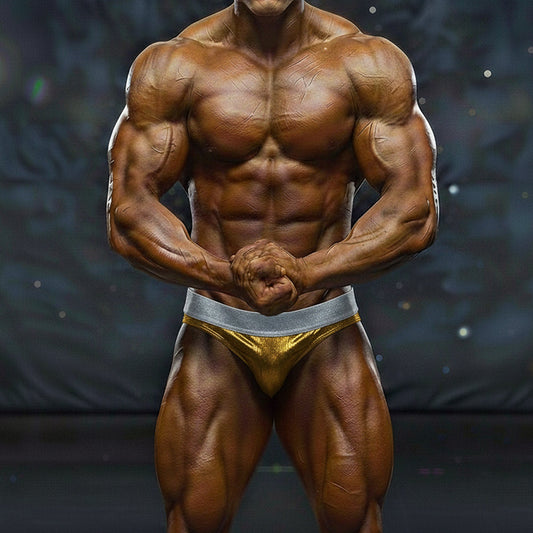A muscular male bodybuilder wearing shiny gold and silver MetroMaleWear MetroMuscleWear DIY competition briefs
