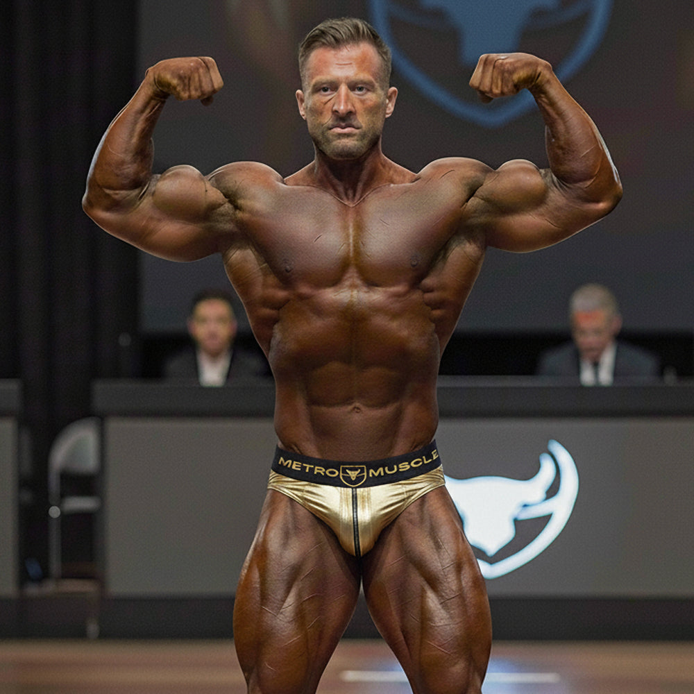 Gold metallic briefs with black waistband featuring metro muscle branding and bull logo from MetroMaleWear Sierra suit