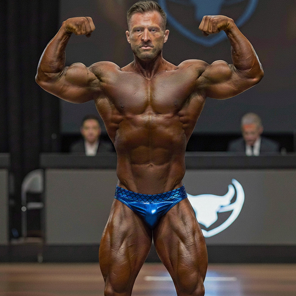 Shiny blue metallic briefs with subtle scale pattern from metromalewear metromusclewear jupiter competition suit cobalt