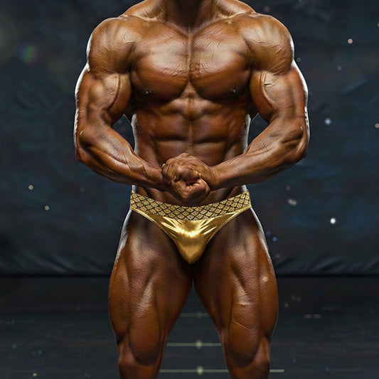 Shiny gold metallic briefs with a subtle geometric pattern from metromalewear metromusclewear jupiter competition suit