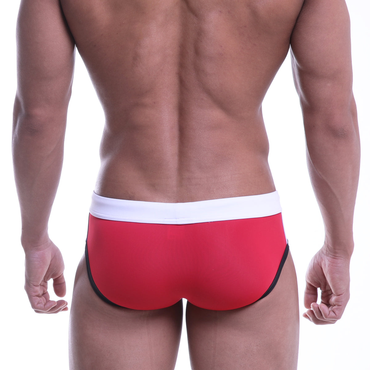Red swim trunks with a white waistband and black trim from MetroMaleWear COLORS Swim Brief White 4976-00 collection