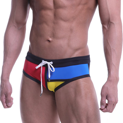 MetroMaleWear COLORS swim brief black 4976-20 with vibrant multicolored panels red blue yellow black trim white drawstring