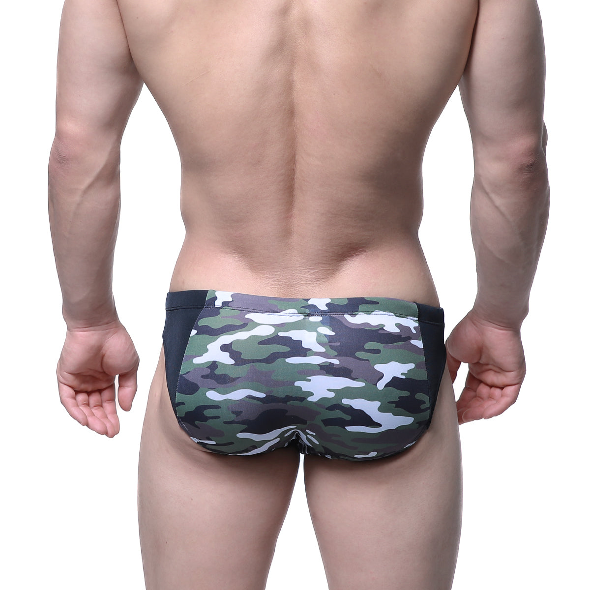 MetroMaleWear hunter swim brief camo 4977-90 green and white camouflage swim trunks with black side panels