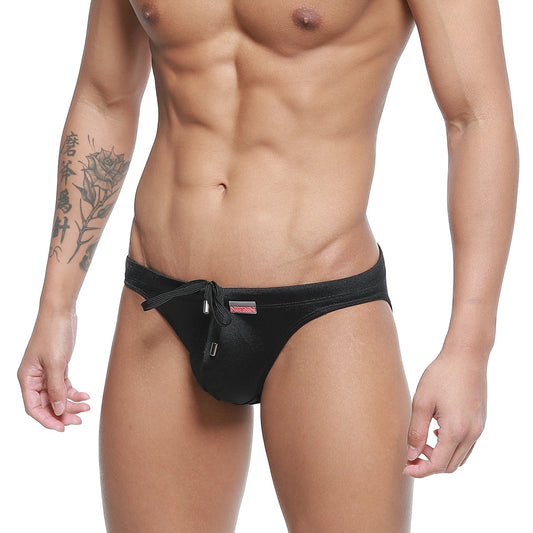 MetroMalewear vanguard swim bikini black satin swim trunks with drawstring waistband and small red logo on the side