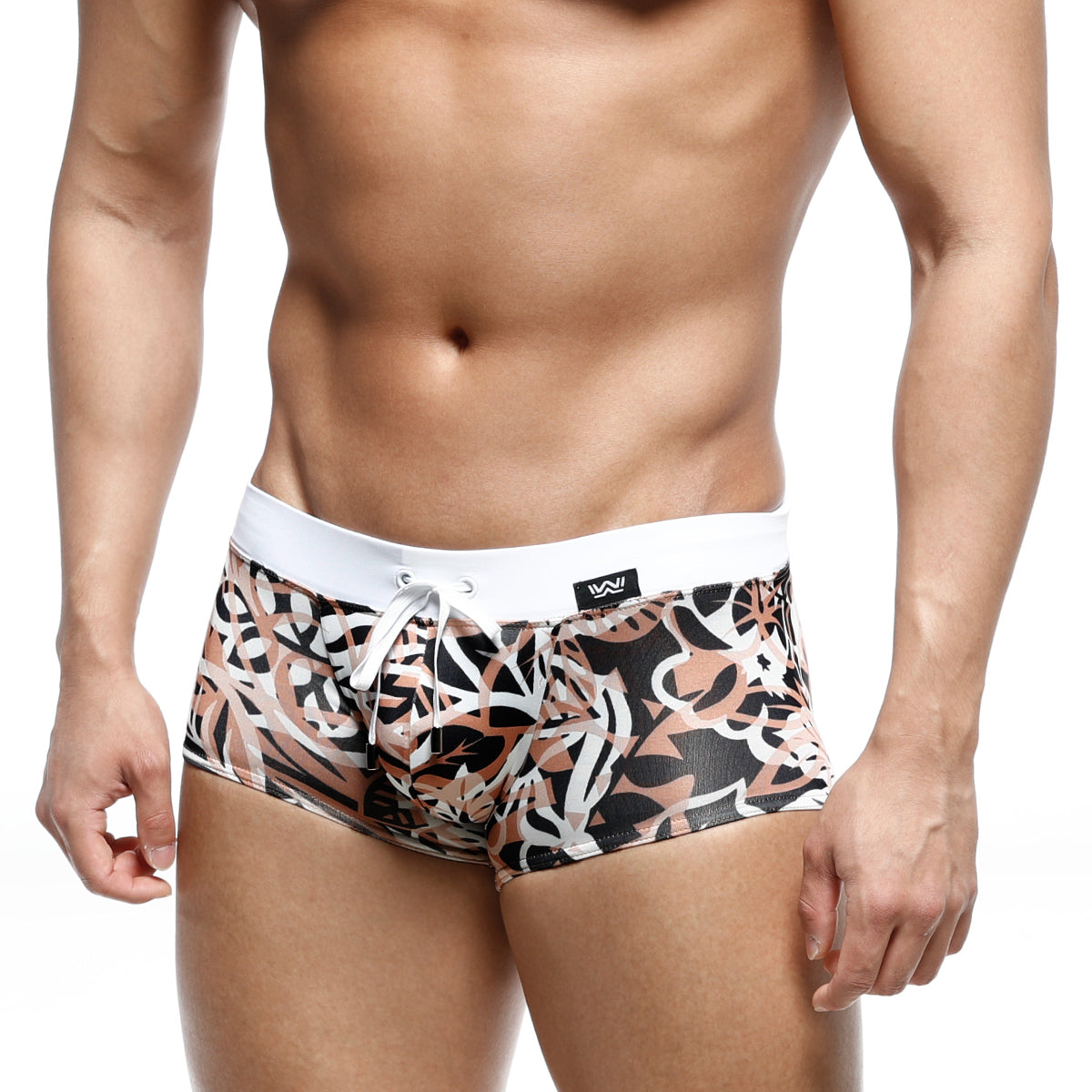 MetroMaleWear Profundo swim boxer briefs in black white and beige abstract leaf pattern with white elastic waistband and drawstring