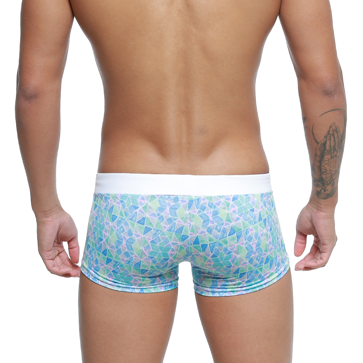 Blue and green geometric patterned mens swim boxer briefs with white waistband from MetroMaleWear Profundo series