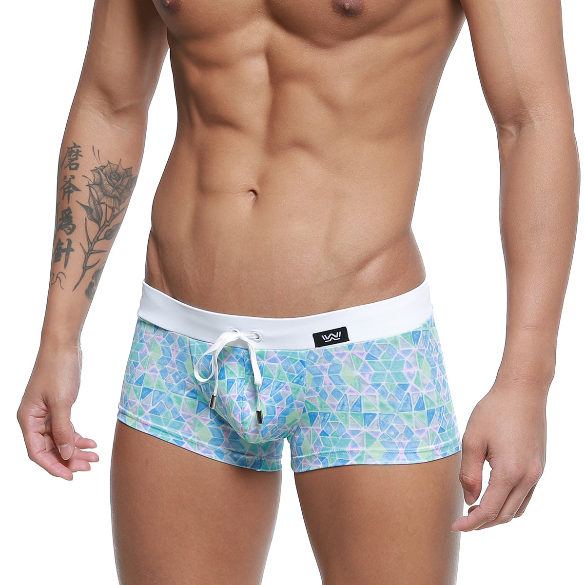 MetroMaleWear Profundo swim boxer briefs in blue and green geometric pattern with white waistband and drawstring