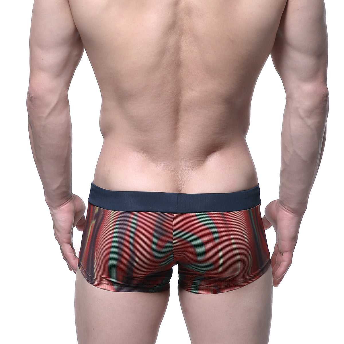 MetroMaleWear fire swim boxer briefs 4986-70 red and green abstract pattern with solid navy blue waistband
