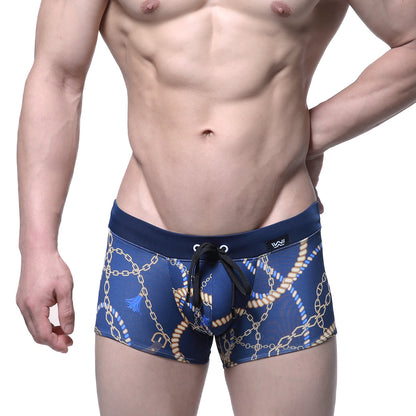 Navy blue MetroMaleWear Mayor swim boxer briefs with nautical chain rope pattern black drawstrings elastic waistband