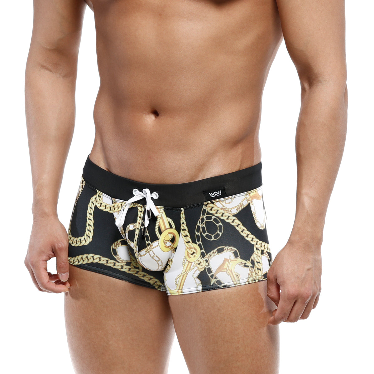 Black MetroMaleWear Profundo swim boxer briefs with bold gold and white chain pattern and contrasting black waistband