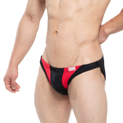 Black and red MetroMaleWear Shark Swim Bikini 4987-20 athletic briefs with bold striped design for swimwear use