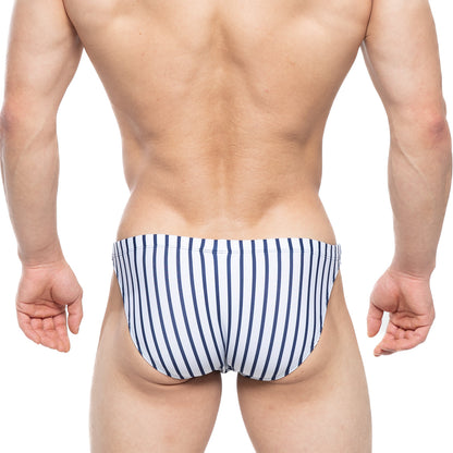 Navy blue and white striped men’s swim trunks metroMalewear ball park swim bikini 4987-40 for beach and pool use