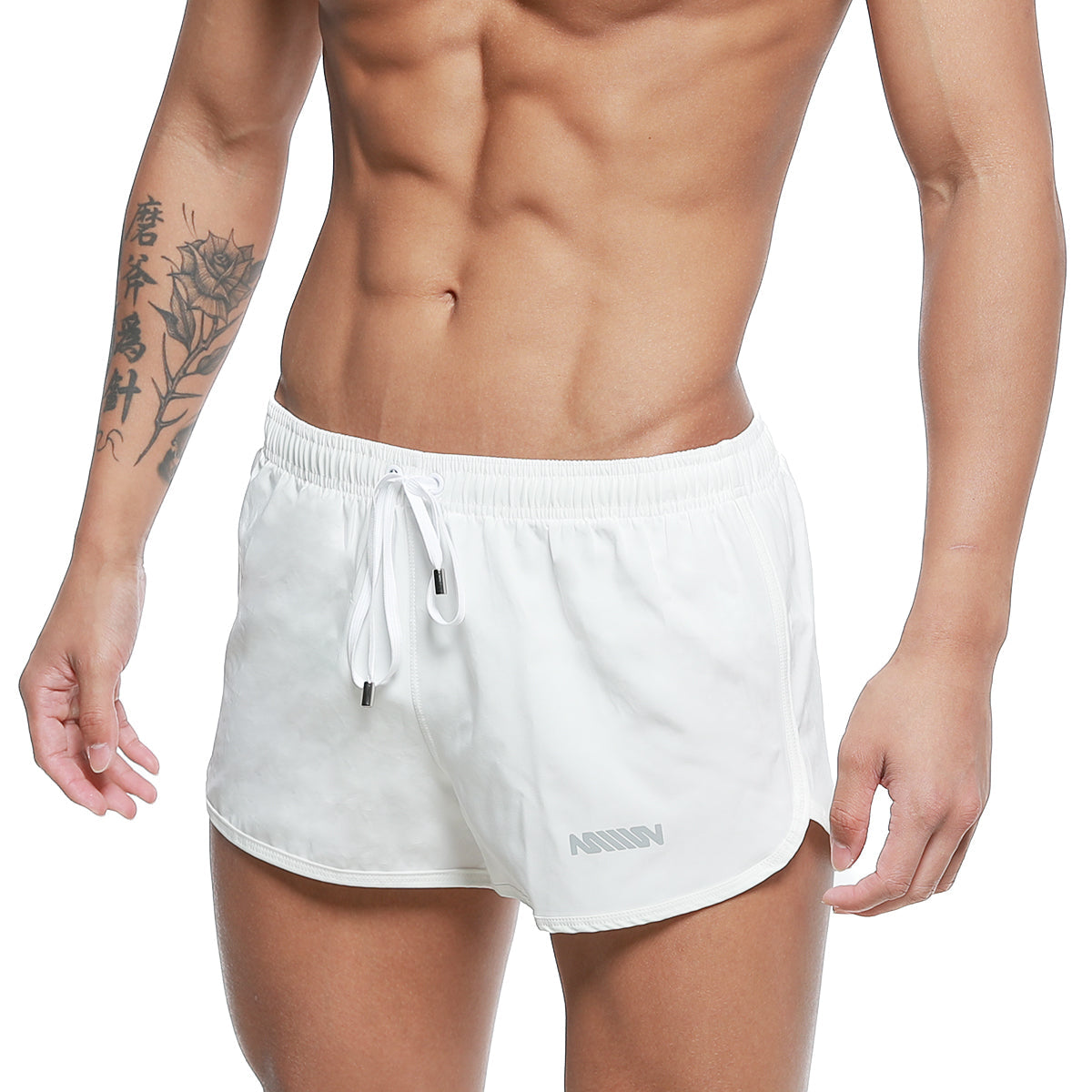 MetroMalewear summer swim shorts white with drawstring waistband and subtle gray logo on lower left leg