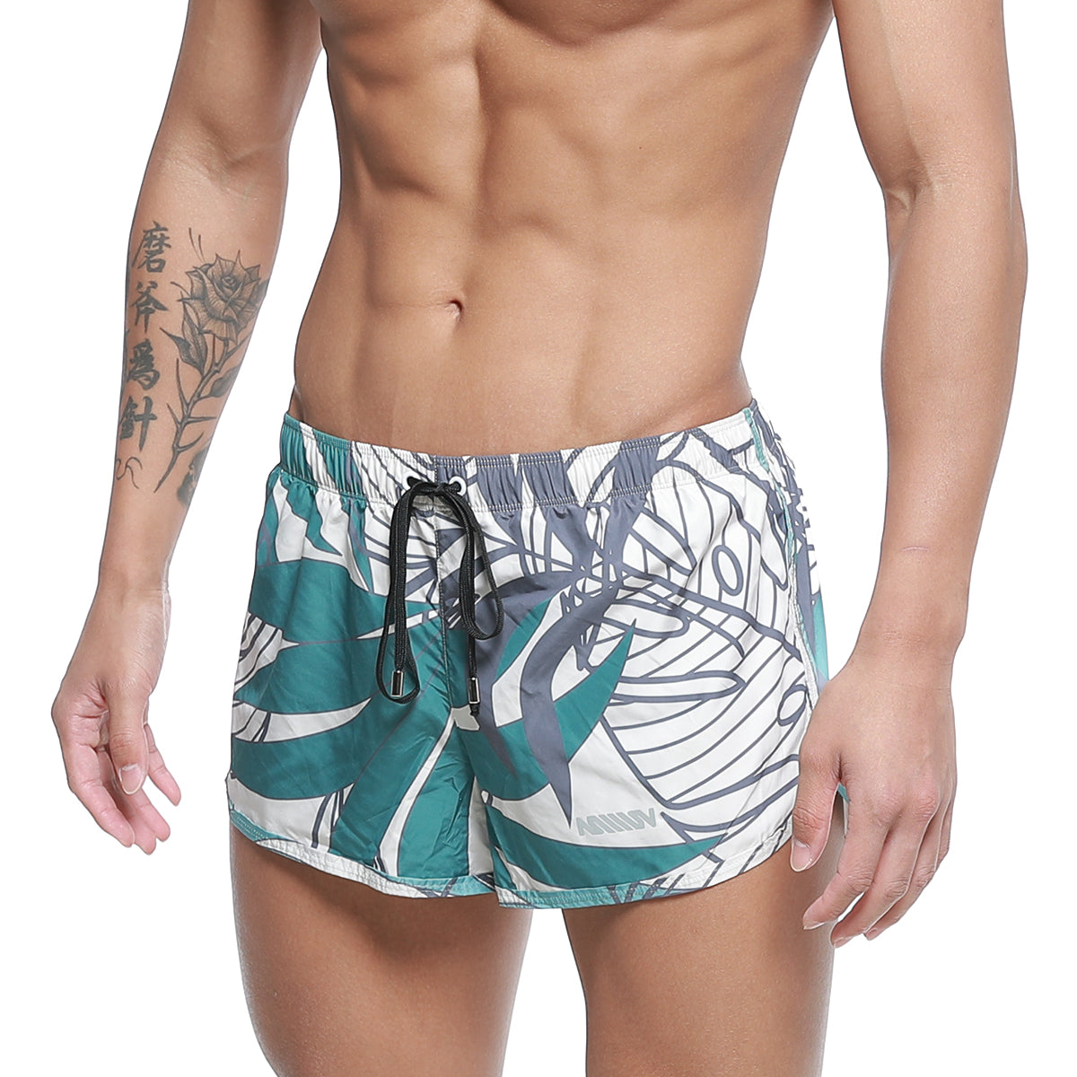 MetroMaleWear summer swim shorts meadow 4988-09 teal and white tropical leaf pattern with black drawstring waistband