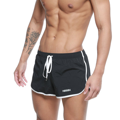 MetroMaleWear summer swim shorts black with white side stripes drawstring and logo on lower left leg for men