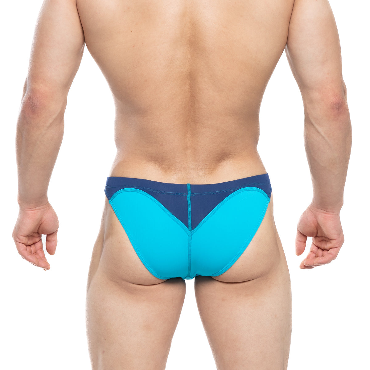 Bright turquoise and navy blue MetroMaleWear Splash Swim Bikini with sleek form-fitting design for athletic use