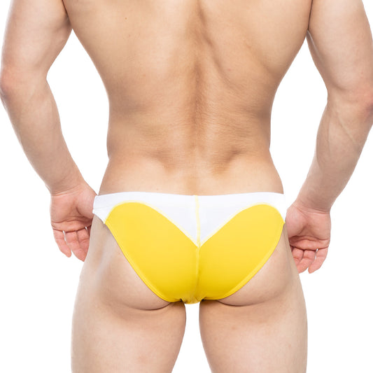 Yellow and white athletic briefs with bold heart-shaped design from metromalewear splash swim bikini 4989-15