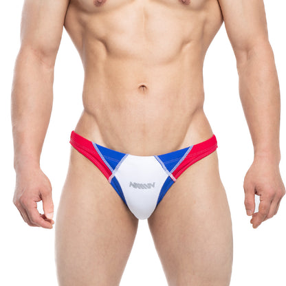 MetroMalewear splash swim bikini blue men’s briefs in red blue white color-block with silver arrow logo on front