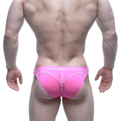 Bright pink MetroMaleWear WAHOO SHEER neon swim bikini briefs with white stitching and form-fitting sheer fabric