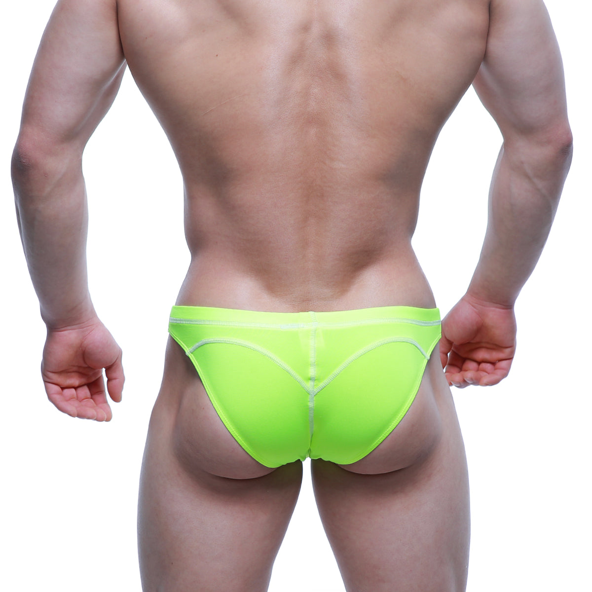 MetroMaleWear WAHOO SHEER neon green swim bikini briefs with bright neon green fabric and white stitching along seams