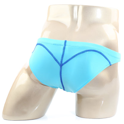 Light blue metro malewear wahoo sheer swim bikini with navy blue stitching along the seams in sky color