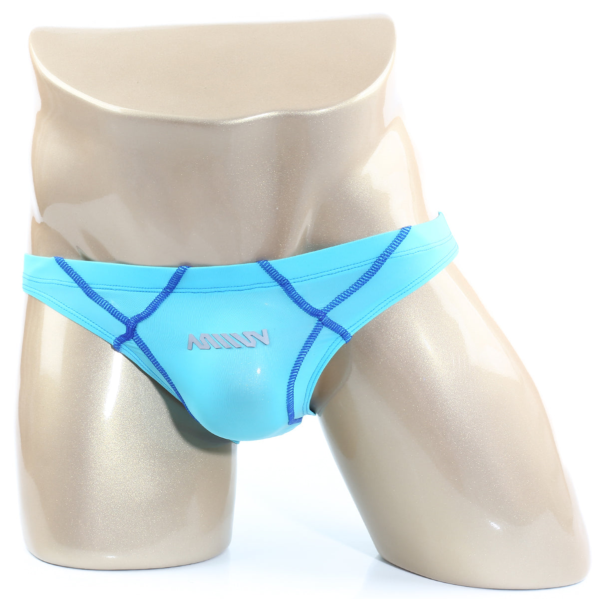 Light blue MetroMaleWear WAHOO SHEER swim bikini with navy stitching and subtle logo for men in sky color