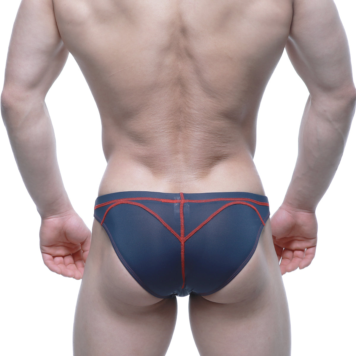 Metro malewear wahoo sheer swim bikini dark blue navy briefs with red stitching along seams and edges