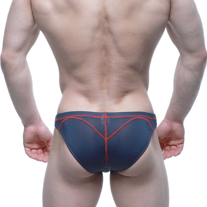 Metro malewear wahoo sheer swim bikini dark blue navy briefs with red stitching along seams and edges