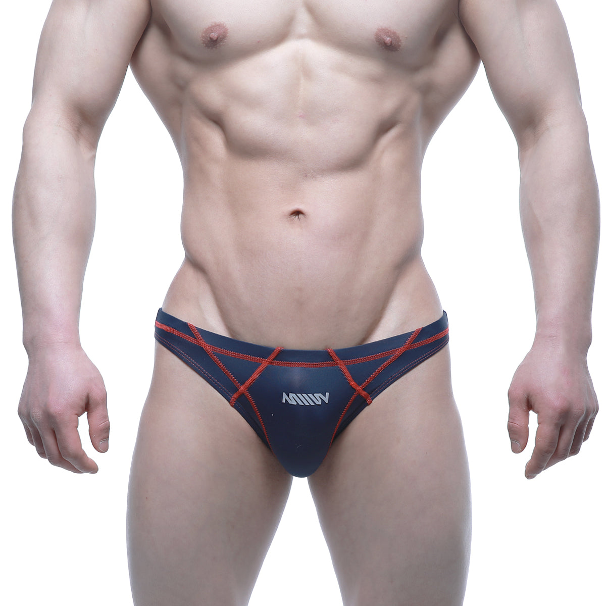 MetroMaleWear WAHOO SHEER swim bikini in dark blue with red geometric pattern and sheer fabric for men