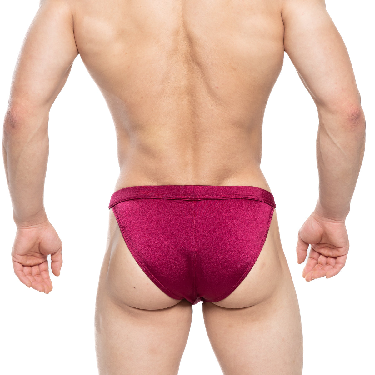 A sleek deep magenta satin finish metro malewear torres swim bikini burgundy 4993-29 front view