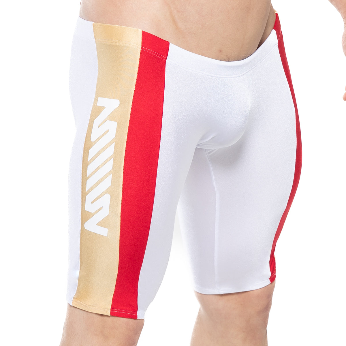 White swim trunks with bold red and gold vertical stripes and a white m logo on the gold stripe from metromalewear