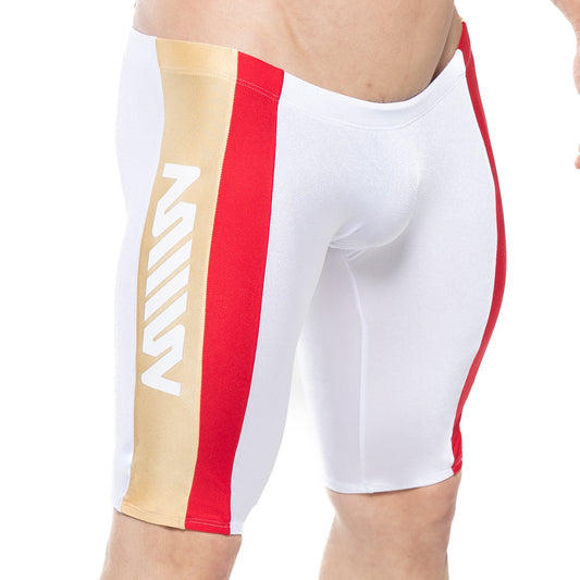 White swim trunks with bold red and gold vertical stripes and a white m logo on the gold stripe from metromalewear