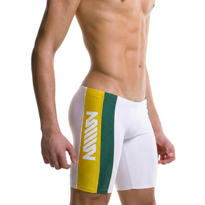 White swim trunks metroMalewear jammer with bold yellow and green vertical stripe and mill logo for campus use