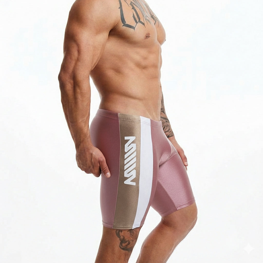 MetroMalewear new jammer swim boxer in pink and beige with a white vertical stripe featuring mill branding