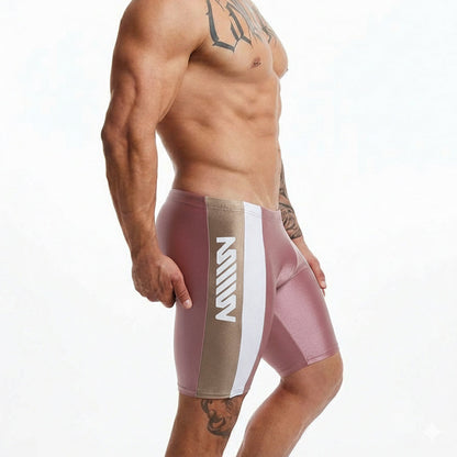 MetroMalewear new jammer swim boxer in pink and beige with a white vertical stripe featuring mill branding