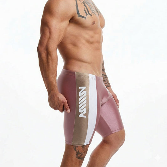 MetroMalewear new jammer swim boxer in pink and beige with a white vertical stripe featuring mill branding