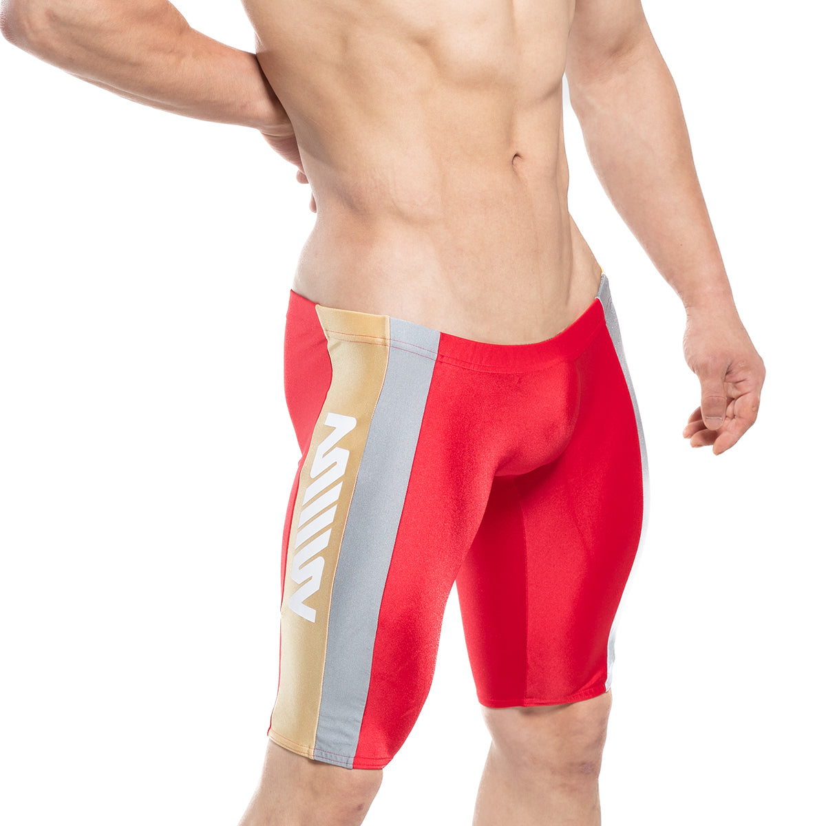 MetroMaleWear new jammer swim boxer in red with gold and gray vertical stripes for athletic use