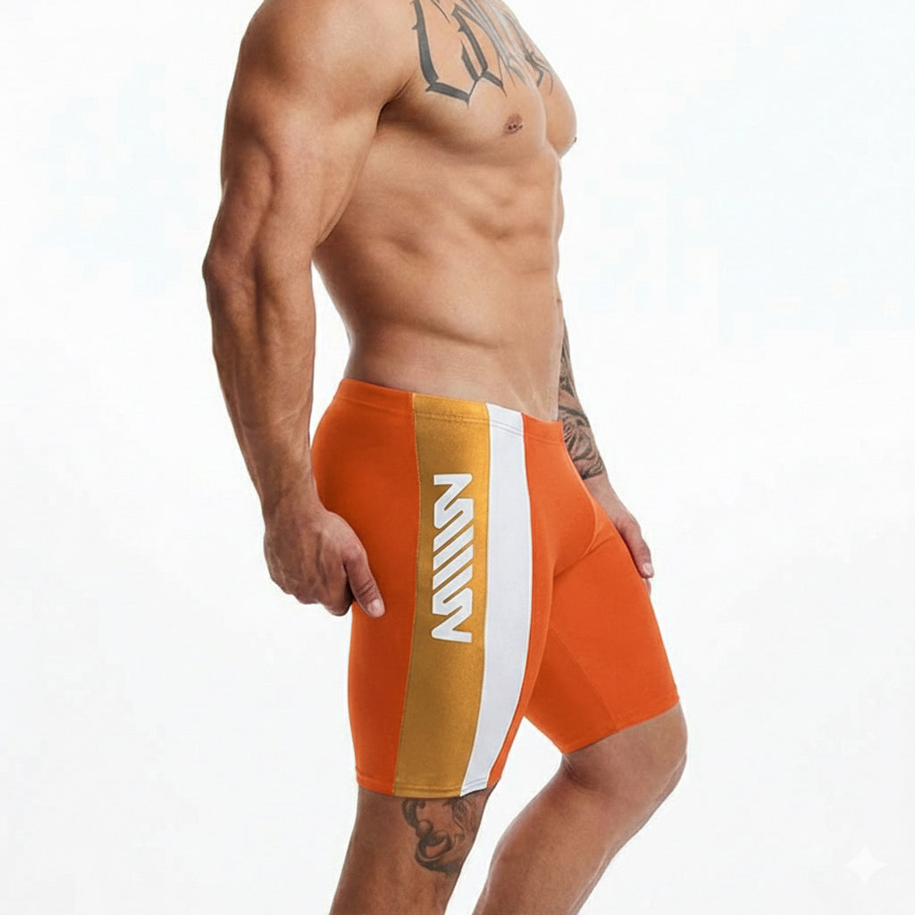 MetroMalewear new jammer swim boxer in orange and white with vertical stripe and bold mill brand lettering