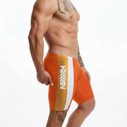 MetroMalewear new jammer swim boxer in orange and white with vertical stripe and bold mill brand lettering