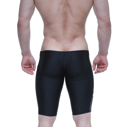 MetroMaleWear New Jammer swim boxer black form-fitting trunks with glossy finish and subtle gray side panels