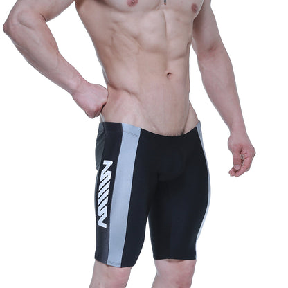 Black and gray athletic swim trunks with bold white z logo on side from metromalewear new jammer swim boxer line